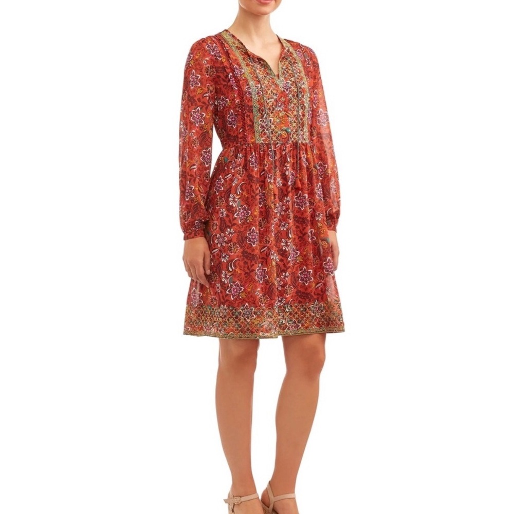 Time And Tru Dress Women's Small Orange Peasant Spiced Cider Floral Boho Chic